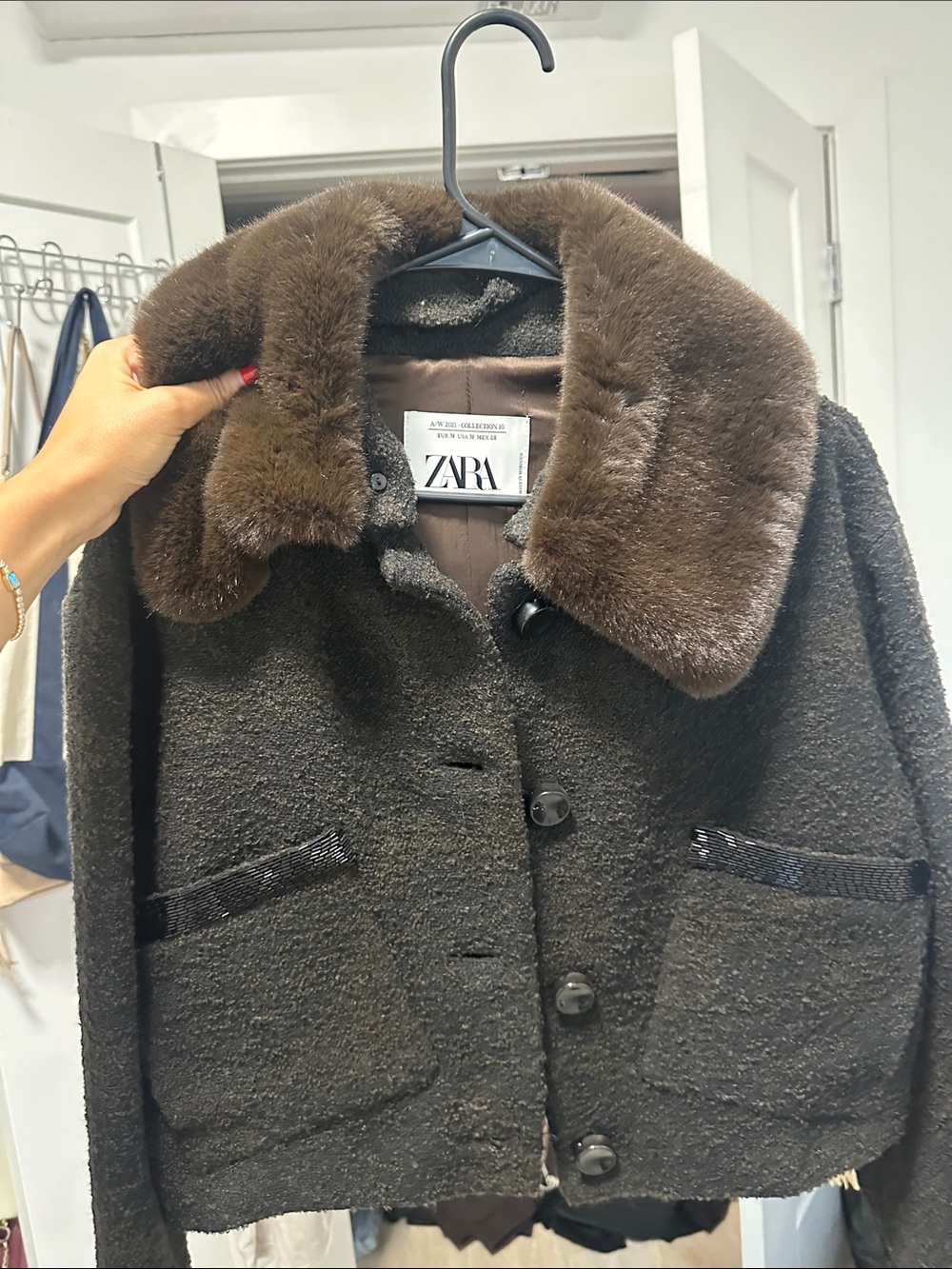 ZARA Dark Brown Bouclé Jacket with Plush Fur Collar